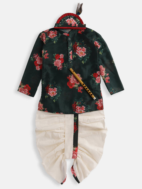 Vastramay SISHU Boys Multicolor-Base-Green Cotton Blend Kurta and Dhoti Set